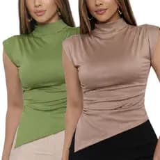 Kit 2 Blusa Básica Feminina Elegante Formal Assimétrica Gola Alta Festas Confortável Carnaval