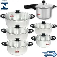 Jogo 6 Peças Com 5 Panelas Polida Tampa de Vidro 16/24 + Panela De Pressão Fechamento Externo 4,5L