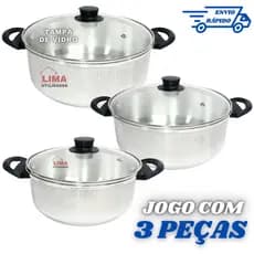 Jogo de Panelas com Tampa de Vidro Conjunto 3 Peças Caçarola N16-18-20 Ou 20-22-24 Aluminio Polido