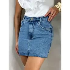 ZHAN JEANS Saia Jeans com Corte a Laser Feminina na lavagem marmorizada