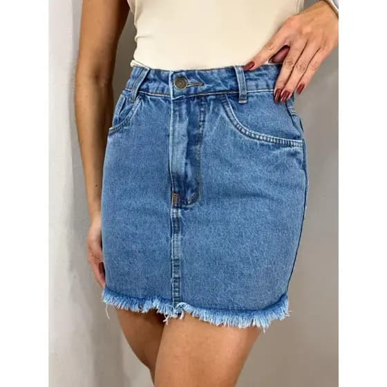 ZHAN JEANS Saia Jeans Desfiada Feminina Na Lavagem Marmorizada