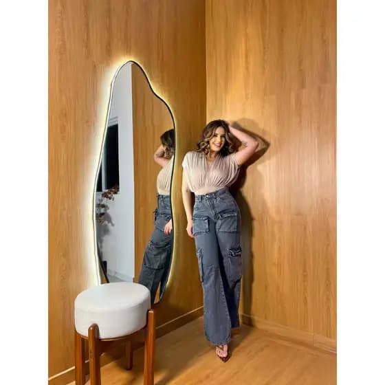 ZHAN JEANS Calça Cargo Jeans Preta Grafite com Quatro Bolsos Feminina