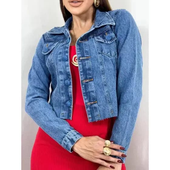 ZHAN JEANS Jaqueta Jeans Feminina com Corte a Laser