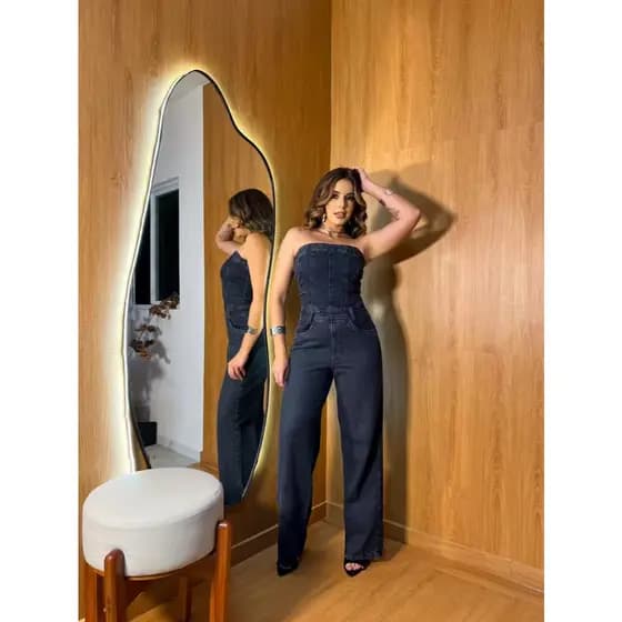 ZHAN JEANS  Macacão Longo Sem Alça Tomara que Caia Preta Grafite Jeans  Feminina