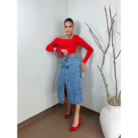 ZHAN JEANS Saia Midi Jeans com Fenda na Frente Feminina