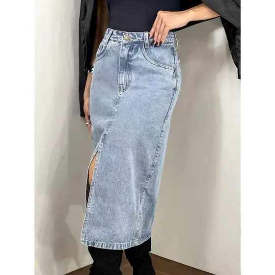 ZHAN JEANS Saia Midi Jeans com Fenda na Frente Feminina NA Lavagem Clara