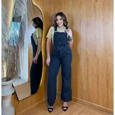 ZHAN JEANS Jardineira Wide Leg Jeans Preta Grafite Feminina