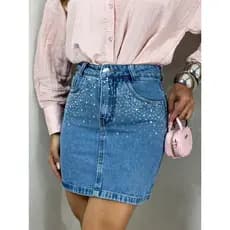 ZHAN JEANS Saia Jeans com Brilhos Feminina