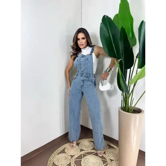 ZHAN JEANS Jardineira Jeans Wide Leg Feminina