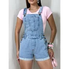 ZHAN JEANS Jardineira de Short Jeans Lavagem Marmorizada Feminina