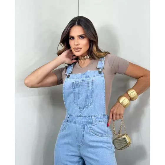 ZHAN JEANS Jardineira Wide Leg Jeans Lavagem Clara Feminina