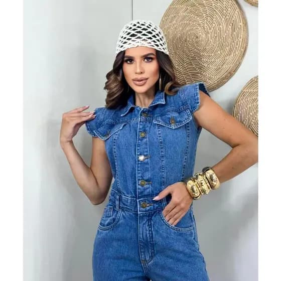 ZHAN JEANS Macacão Jeans Lavagem Marmorizada Feminina