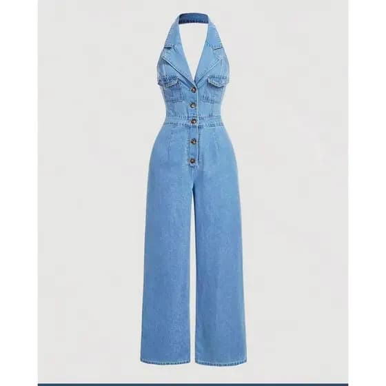 ZHAN JEANS Macacão Jardineira Feminino Decote Halter De Calça Wide Leg