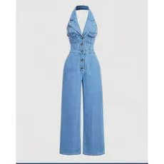 ZHAN JEANS Macacão Jardineira Feminino Decote Halter De Calça Wide Leg
