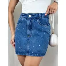 ZHAN JEANS Saia Jeans com Brilho na Lavagem Marmorizada