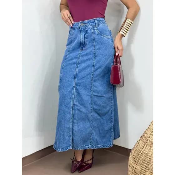 ZHAN JEANS Saia Midi Longa Jeans com Fenda na Frente e Listra Feminina