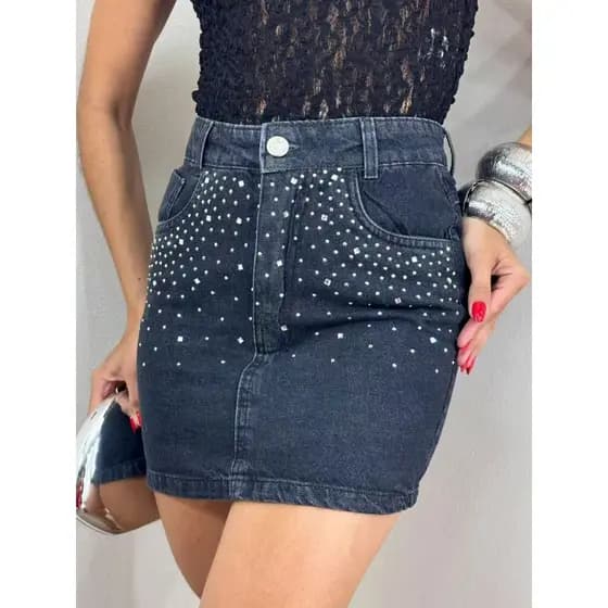 ZHAN Jeans Saia Preto Grafite com brilho