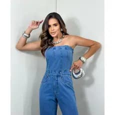 ZHAN JEANS  Macacão Longo Sem Alça Tomara que Caia Jeans  Feminina