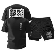 Camiseta Algodão e Short Atack On Titan Kit Top Lançamento Short Duplo Dry Fit