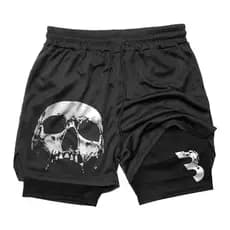 Short 2 em 1 Estampado Caveira Cbum Proteção UV Compressão Bermuda Academia Corrida