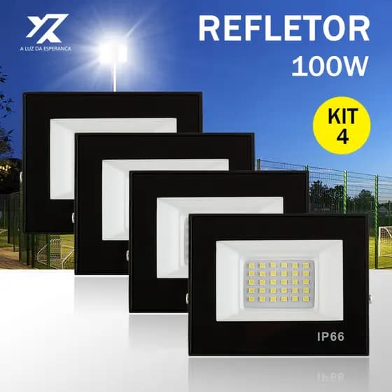 Kit 4 Refletor LED 100W Holofote Bivolt Econômico e Durável IP66 à Prova d'Água Super Brilhante