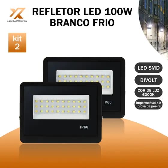 Kit 2 Refletor LED 100W Holofote Bivolt Super Brilhante Econômico com IP66 à Prova d'Água Externas