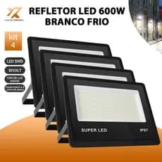 KIT 4 Refletor LED 600W Holofote Super Potente à Prova d'Água Área Externa Luz Branco Bivolt