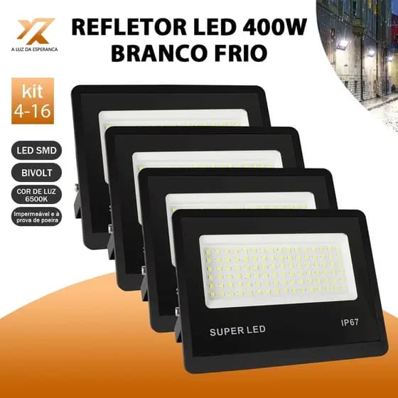 KIT 4 a 16 Refletor LED 400W Holofote Super Potente à Prova d'Água Área Externa Luz Branco Bivolt