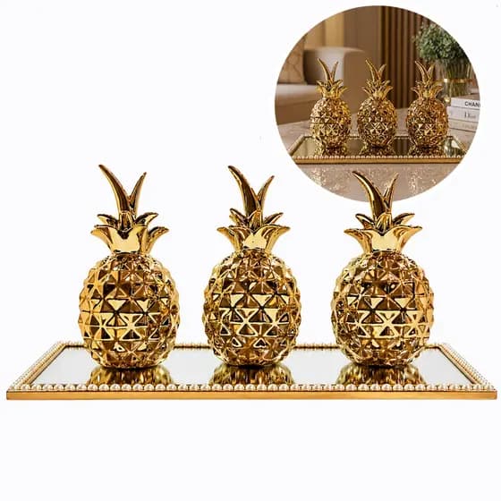 Kit 03 Abacaxis Decorativos com Bandeja Super luxo