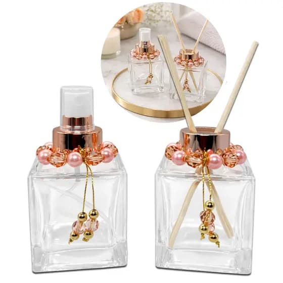 Kit Luxo Spray e Aromatizador Cubo Vidro 100ml com Pingentes Decorativos