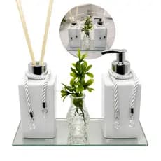 Kit Lavabo Vidro Square Branco 250ml Saboneteira e Aromatizador com Bandeja