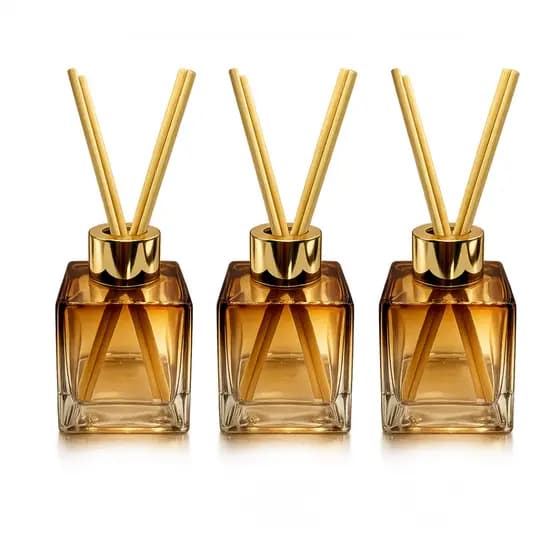 KIT 03 Frasco de Vidro Cubo 100ML AMBAR Tampa Luxo Para Aromatizador Difusor