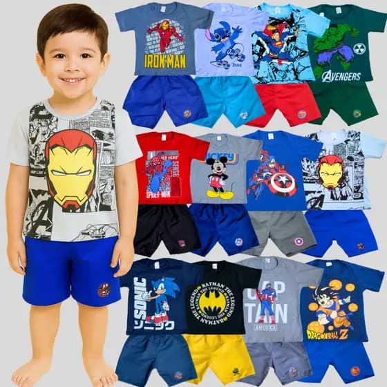 Kit Infantil Sortido 8 Peças De Roupas Menino Verão - 4 Camisetas + 4 Bermudas