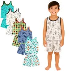 Kit 10 Peças Pijama Infantil Regata Masculino Sendo 5 Camisetas + 5 Bermudas 2 ao 8 Anos