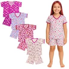 Kit 10 Peças Pijama Infantil Feminino Manga Curta – 5 Camisetas + 5 Shorts 2 ao 8 Anos