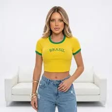 Blusa Cropped Brasil Feminino Copa Do Mundo Seleção Verde E Amarelo Blusinha