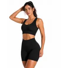 Conjunto Short + Top Poliamida Fitness Feminino Canelado Sem Costura Com Bojo Removível Academia Treino Yoga