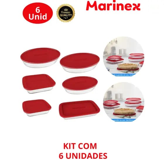 Kit Jogo Conjunto com 6 Marinex Assadeiras Travessas Vidro Com Tampa