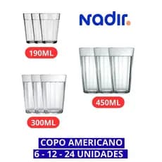 Copo Americano Nadir Vidro Cerveja 190ML/300ML/450ML - Agua Café - Nadir 6/12/24 Unidades.