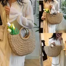 Bolsa de Palha Moda Praia Meia Lua Forrada com Saco Piscina Verão