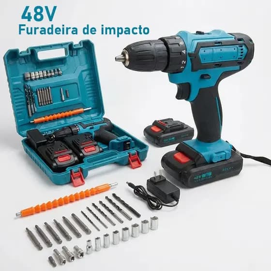 Parafusadeira Furadeira 48V Dual Baterias - Profissional de Impacto com Maleta e Acessórios