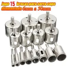 Jogo 15 Brocas Diamantadas Serra Copo furar Vidro Granito Ceramica 6 a 50 mm kit ferramentas