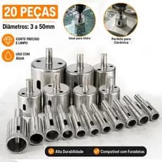 Jogo 15/20 Brocas Diamantadas Serra Copo furar Vidro Granito Ceramica 6 a 50 mm kit ferramentas