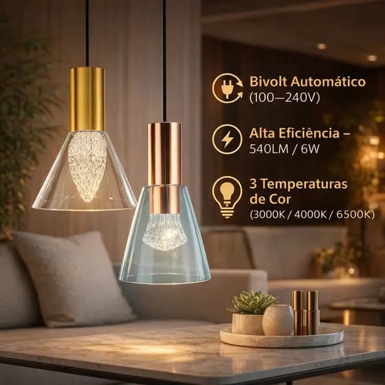 Pendente LED Moderno com Cristal 6W Bivolt – Luminária Decorativa Luxo para Sala de Jantar, Cozinha e Quarto
