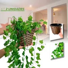 Planta Decorativa: Vasos Trançado Marrom + Pendentes Artificial Folhas De Hera