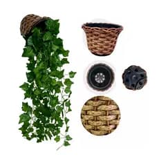 Kit Planta Decorativa: 5 Vasos Trançado Marrom + 15 Pendentes Artificial Folhas De Hera