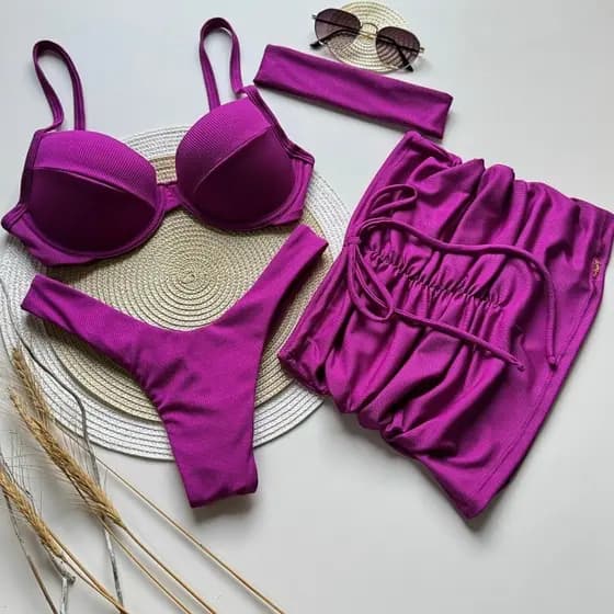 Conjunto Biquíni Meia Taça  Asa delta Kit Saida De Praia e Faixa Canelado Premium Trikini Verão