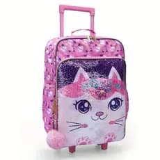 kit escolar Mochila de Rodinhas, Lancheira e Estojo Gatinho Rosa brilha no escuro-AD89