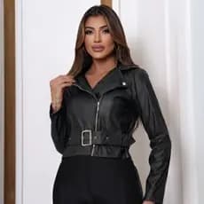 Jaqueta De Couro Feminina Courinho Sintético Com Zíper Fivela Cinto Inverno Elegante Envio Imediato