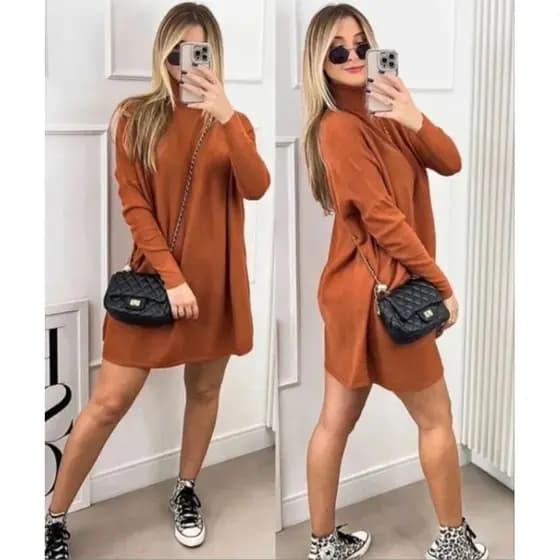 Vestido feminino curto de lanzinha e gola alta MAX estilo poncho moda gringa